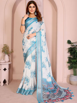 Odette - Women Off White Cotton Blend Saree with Unstitched Blouse Piece