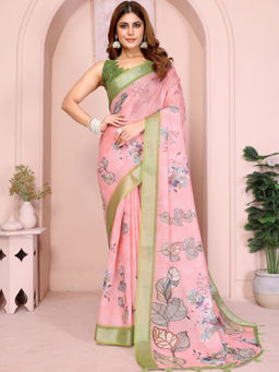 Odette - Women Pink Cotton Blend Saree with Unstitched Blouse Piece