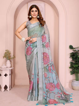 Odette - Women Green Cotton Blend Saree with Unstitched Blouse Piece