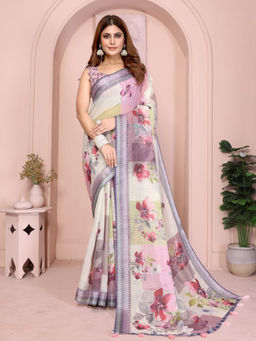 Odette - Women Off White Cotton Blend Saree with Unstitched Blouse Piece
