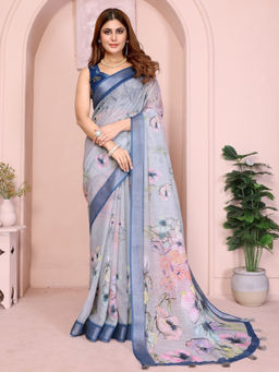 Odette - Women Grey Cotton Blend Saree with Unstitched Blouse Piece
