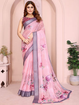 Odette - Women Pink Cotton Blend Saree with Unstitched Blouse Piece