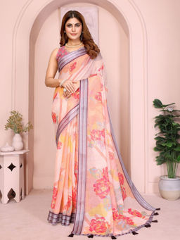 Odette - Women Peach Cotton Blend Saree with Unstitched Blouse Piece