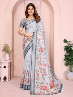 Odette - Women Grey Cotton Blend Saree with Unstitched Blouse Piece