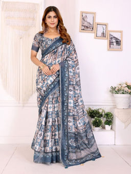 Odette - Women Blue Cotton Blend Saree with Unstitched Blouse Piece