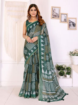 Odette - Women Olive Cotton Blend Saree with Unstitched Blouse Piece