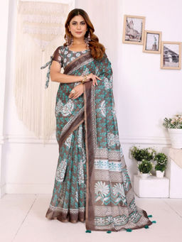 Odette - Women Brown Cotton Blend Saree with Unstitched Blouse Piece