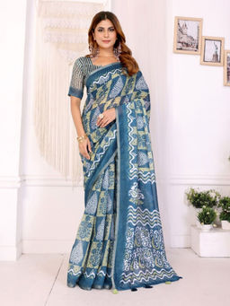 Odette - Women Blue Cotton Blend Saree with Unstitched Blouse Piece