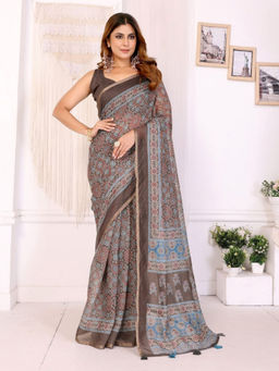 Odette - Women Brown Cotton Blend Saree with Unstitched Blouse Piece