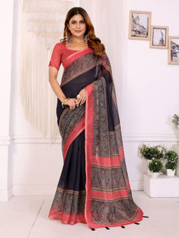 Odette - Women Black Cotton Blend Saree with Unstitched Blouse Piece