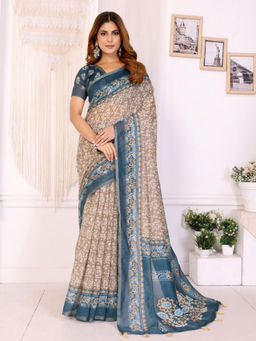 Odette - Women Beige Cotton Blend Saree with Unstitched Blouse Piece