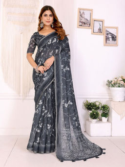 Odette - Women Black Cotton Blend Saree with Unstitched Blouse Piece