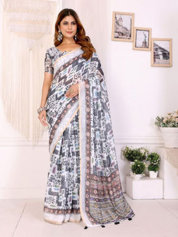 Odette - Women Grey Cotton Blend Saree with Unstitched Blouse Piece