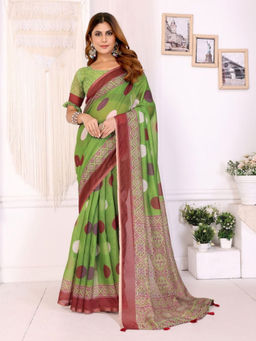 Odette - Women Green Cotton Blend Saree with Unstitched Blouse Piece