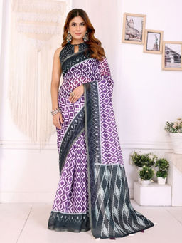 Odette - Women Purple Cotton Blend Saree with Unstitched Blouse Piece