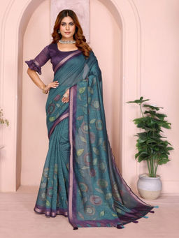 Odette - Women Blue Cotton Blend Saree with Unstitched Blouse Piece