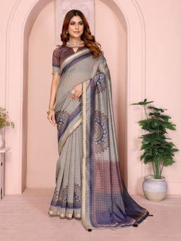 Odette - Women Grey Cotton Blend Saree with Unstitched Blouse Piece