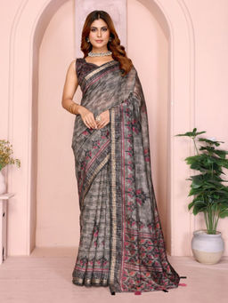 Odette - Women Grey Cotton Blend Saree with Unstitched Blouse Piece