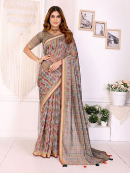 Odette - Women Grey Cotton Blend Saree with Unstitched Blouse Piece