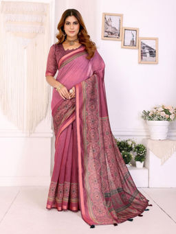 Odette - Women Pink Cotton Blend Saree with Unstitched Blouse Piece