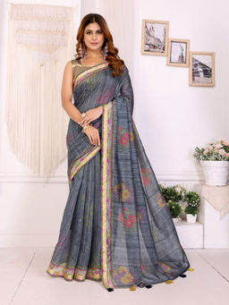 Odette - Women Grey Cotton Blend Saree with Unstitched Blouse Piece