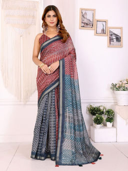 Odette - Women Red Cotton Blend Saree with Unstitched Blouse Piece