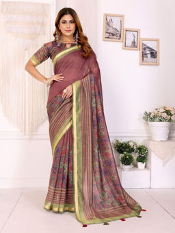 Odette - Women Mauve Cotton Blend Saree with Unstitched Blouse Piece