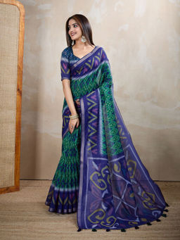 Odette - Women Blue Cotton Blend Saree with Unstitched Blouse Piece