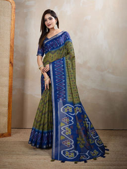 Odette - Women Blue Cotton Blend Saree with Unstitched Blouse Piece
