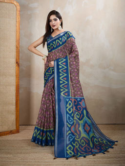 Odette - Women Brown Cotton Blend Saree with Unstitched Blouse Piece