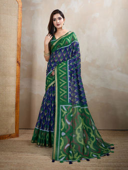 Odette - Women Blue Cotton Blend Saree with Unstitched Blouse Piece