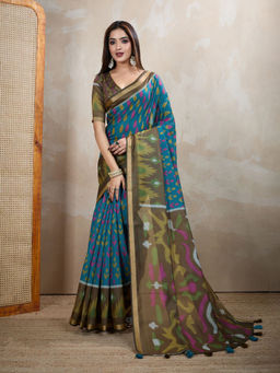 Odette - Women Blue Cotton Blend Saree with Unstitched Blouse Piece
