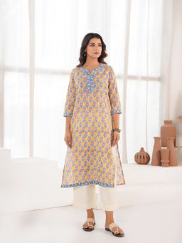 GOODHAND - Women Yellow Pure Cotton Round Neck Kurta