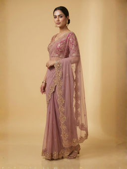 Odette - Women Pink Net Saree with Unstitched Blouse Piece