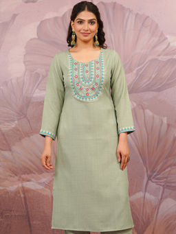 ARAMYA - Women Olive Silk Blend Round Neck Kurta