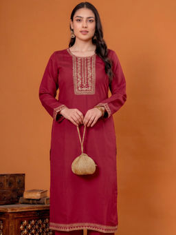 ARAMYA - Women Maroon Chanderi Round Neck Kurta