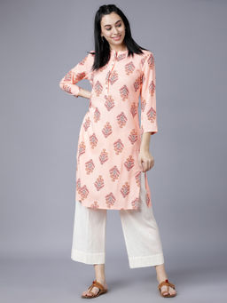 VISHUDH - Women Peach Viscose Rayon Mandarin Neck Kurta