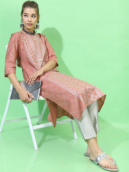 VISHUDH - Women Tan Viscose Rayon Round Neck Kurta