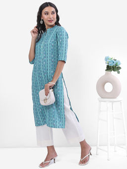 VISHUDH - Women Blue Polyester Mandarin Neck Kurta