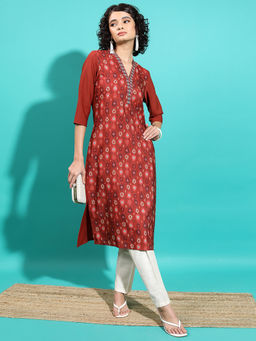 VISHUDH - Women Rust Polyester V-Neck Kurta