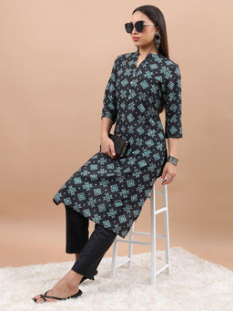 VISHUDH - Women Navy Blue Polyester Mandarin Neck Kurta