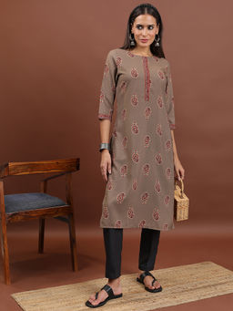 VISHUDH - Women Beige Polyester Round Neck Kurta