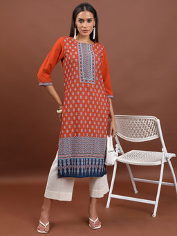 VISHUDH - Women Rust Polyester Round Neck Kurta