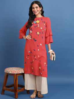 VISHUDH - Women Coral Viscose Rayon High Neck Kurta