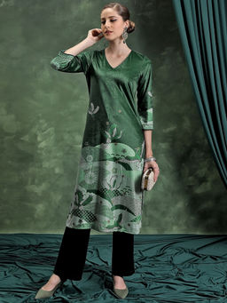 VISHUDH - Women Green Polyester Round Neck Kurta