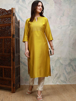 VISHUDH - Women Mustard Viscose Rayon Mandarin Neck Kurta