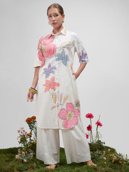 VISHUDH - Women Off White Cotton Blend Collar Neck Kurta