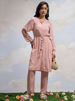 VISHUDH - Women Peach Viscose Rayon Round Neck Kurta