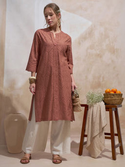 VISHUDH - Women Brown Cotton Round Neck Kurta