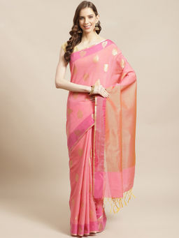 Indethnic - Banarasi Pink Woven Design Daily Wear Saree With Unstitched Blouse